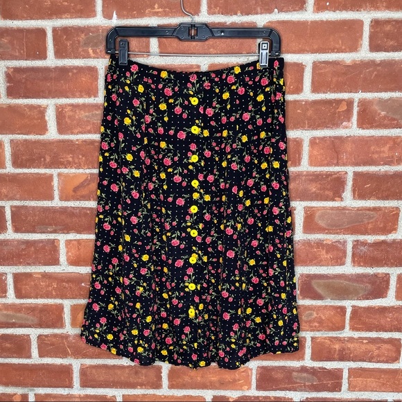 Vintage 90's black floral button down skirt with yellow buttons - Picture 1 of 4